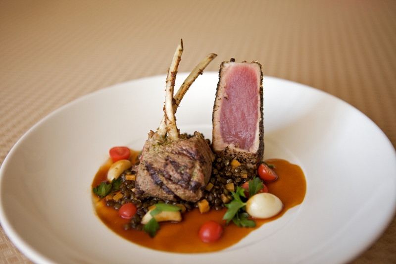 Rack of lamb and pepper-crusted Tuna.