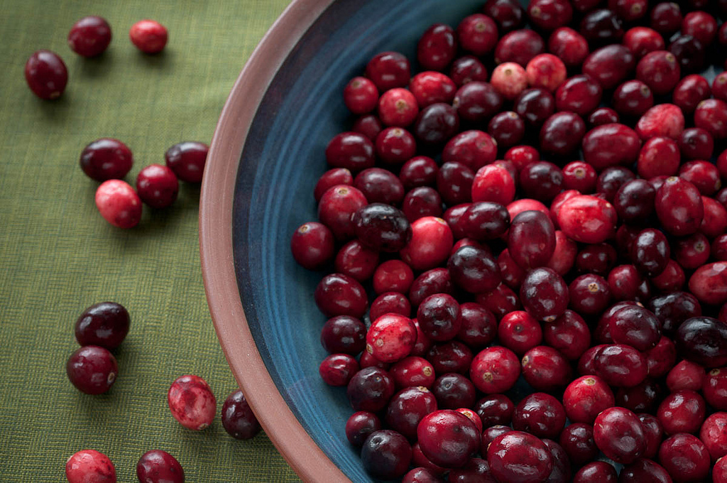 A bowl of cranberries.